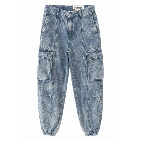 548 Women's Acid Wash Cargo Jeans Tapered Leg Utility Denim - Picture 1 of 2